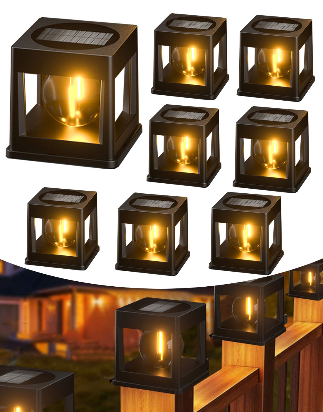 8 Packs Solar Post Lights Outdoor, Solar Powered Fence Post Lights, Lighting Decor for Garden Deck Patio Pathway Walkway. Outside Solar Lights ，4x4, 5x5 or 6x6 Vinyl/Wooden Posts